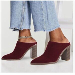 FOWT Maroon Pointed Toe Slip On Mules Stacked Block High Heel Sandal Proms Shoes
